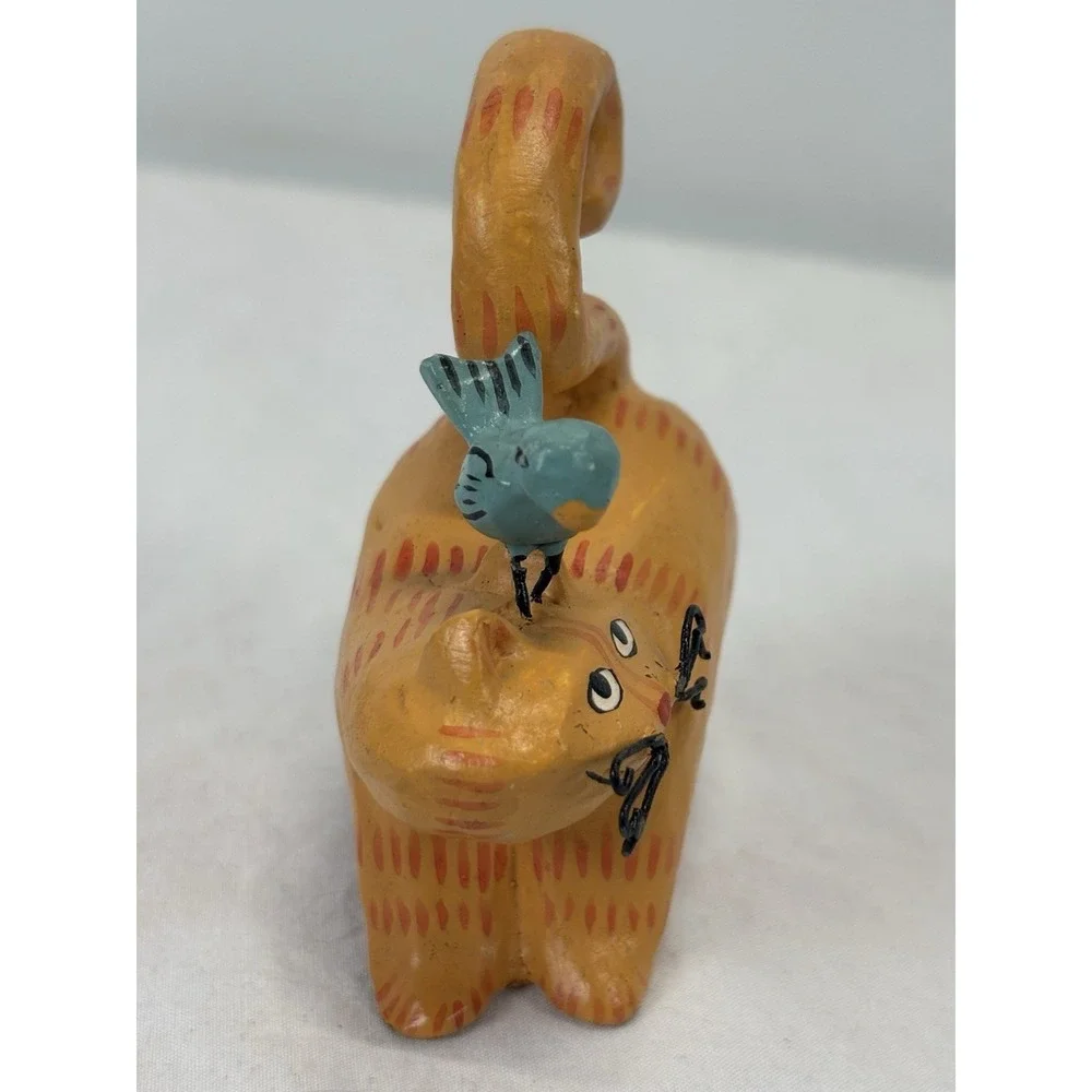 Vtg Small Cat And Bluebird Carved Figure Mini Folk Art Whimsy Crazy Cat Lady